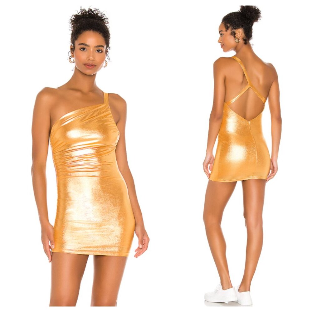Revolve Superdown Elsa Gold Metallic One Shoulder Draped Ruched Mini Dress
